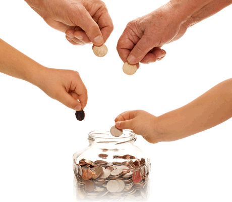 hands putting coins in jar